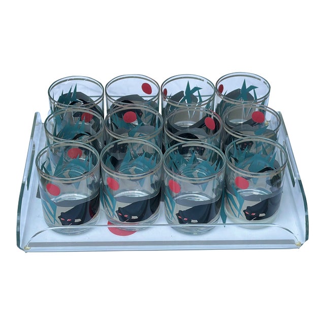 Vintage Black Panther Acrylic Tray With Twelve Cups by H.j. Stotter New York For Sale