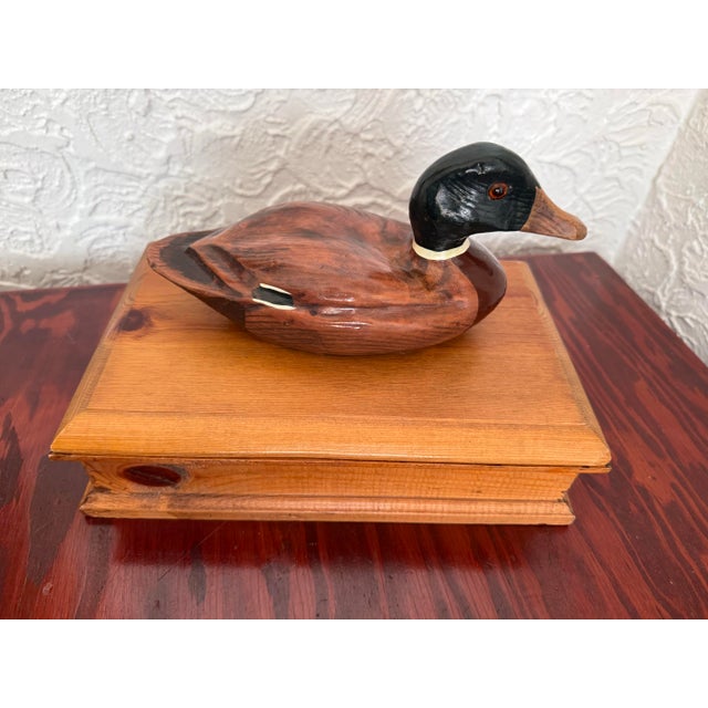 Vintage Folk Art Pine Wood Lidded Box With Mallard Duck Decoy For Sale - Image 9 of 12