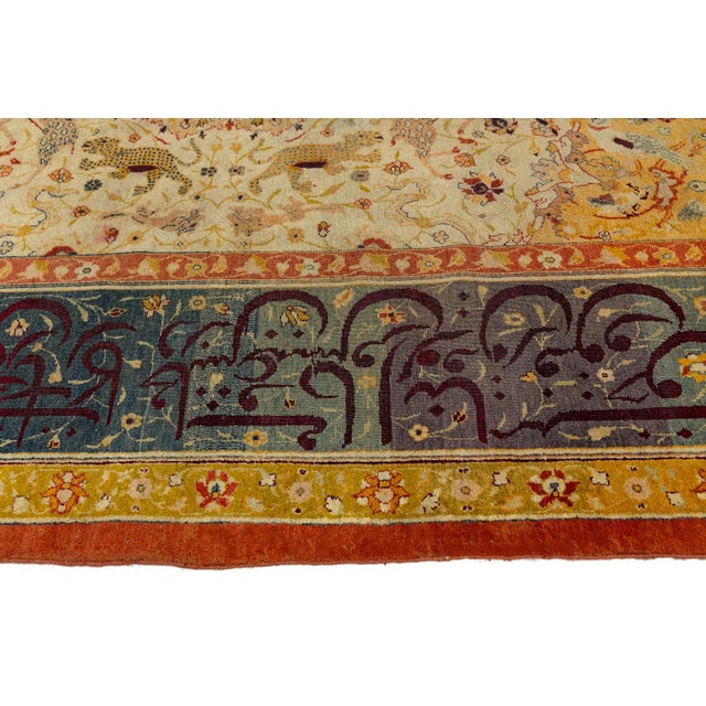 Textile 19th Century Antique Indian Agra Hunting Rug With Persian Calligraphy Border For Sale - Image 7 of 11