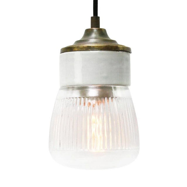 Metal Vintage Industrial White Porcelain and Brass Pendant Light with Striped Clear Glass For Sale - Image 7 of 7