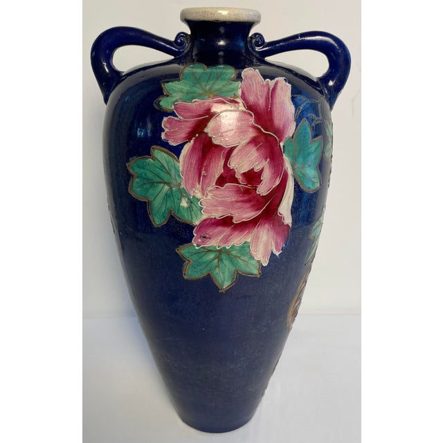 Antique Japanese Satsuma Style Moriage Cobalt Blue Floral Double Handle Vase For Sale In Miami - Image 6 of 9