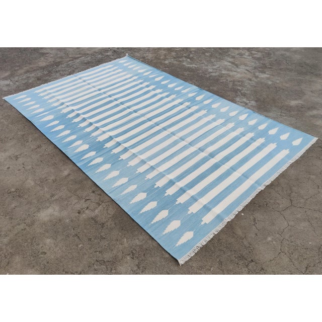 Textile Handmade Cotton Natural Vegetable Dyed Reversible Blue and White Striped Rug - 9'x12' For Sale - Image 7 of 11
