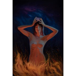 Yearning for Release by Pegah Samaie | Oil on Aluminum of a nude woman surrounded by flames For Sale