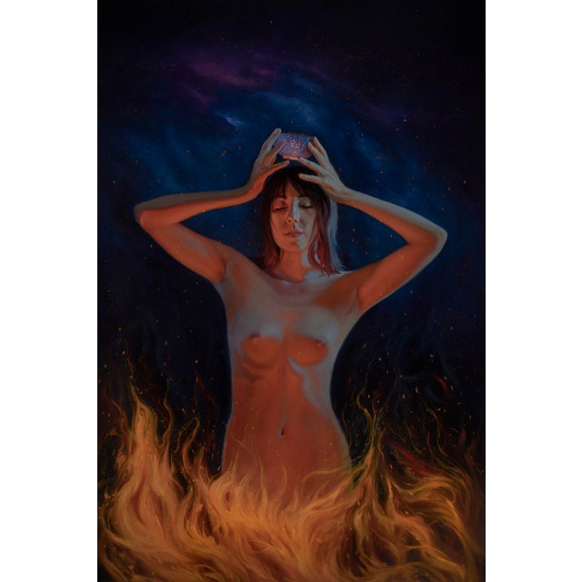 Yearning for Release by Pegah Samaie | Oil on Aluminum of a nude woman surrounded by flames For Sale
