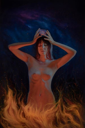 Yearning for Release by Pegah Samaie | Oil on Aluminum of a nude woman surrounded by flames