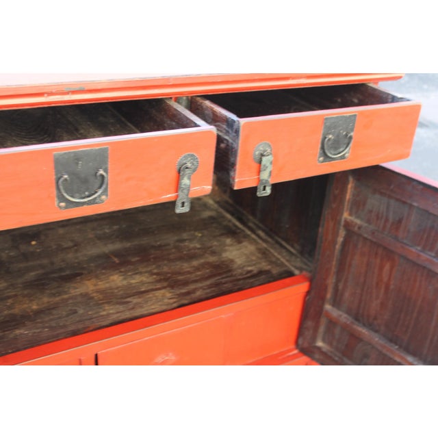 1950's Mid Century Chinoise Style Red Cabinet For Sale - Image 4 of 13