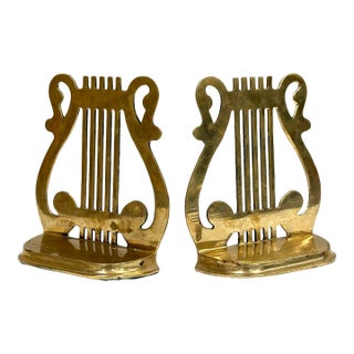 Vintage Brass Lyre Bookends, a Pair For Sale