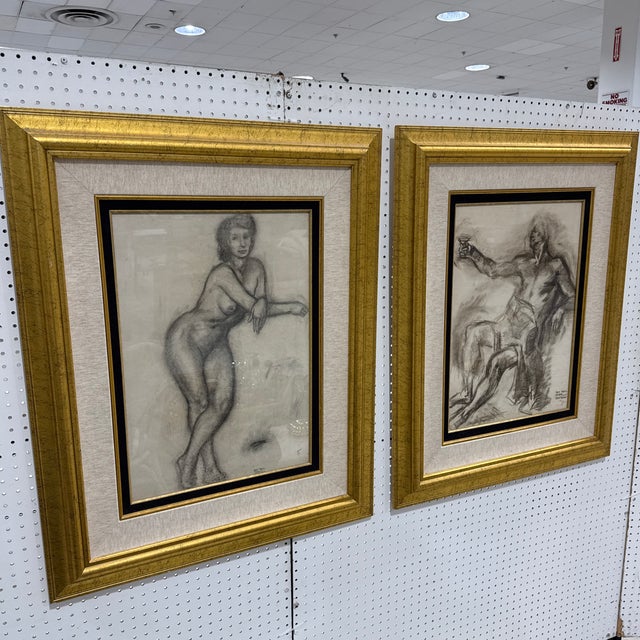 Framed Charcoal Nude Sketches by 20th Century Artist Ray Trail ~ a Pair For Sale - Image 10 of 10