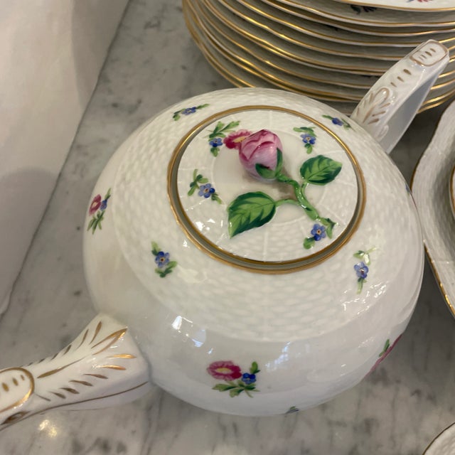 Vintage Herend Hungarian Hand - Painted With Gilt Rim Porcelain Dinnerware Set - Service for 10 For Sale - Image 9 of 13