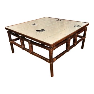 Mid 20th Century “Far Horizons” Rattan and Tile Campaign Style Coffee Table by Ficks Reed For Sale