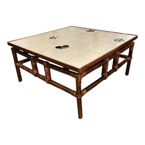 Mid 20th Century “Far Horizons” Rattan and Tile Campaign Style Coffee Table by Ficks Reed
