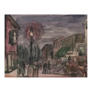 1940s Nocturnal Street Scene Watercolor