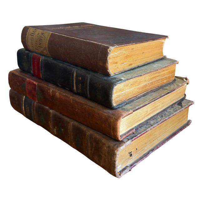 Set of 4 Antique 19c Joined Leather Bound Books W Secret Compartments.