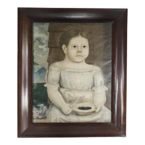 19th Century Americana Portrait Painting of a GIrl With Blackberries