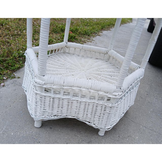 Boho Chic 1970s Bohemian Round White Woven Wicker and Rattan Side Patio or Indoor Table With Bottom Shelf For Sale - Image 3 of 5