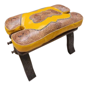 Moroccan Camel Saddle Leather Cushion Wooden Base Stool