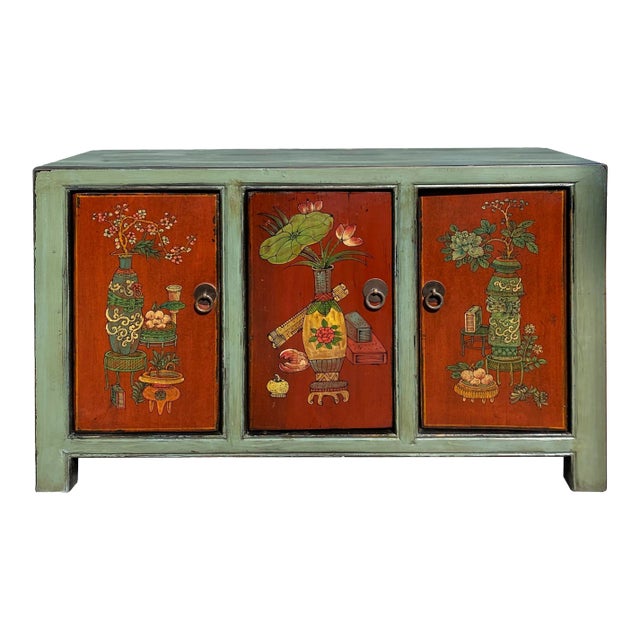 Chinese Vintage Gray Orange Flower Graphic Low Tv Console Cabinet For Sale