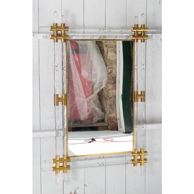 1970s French Lucite and Brass Faux Bamboo Wall Mirror For Sale - Image 4 of 13