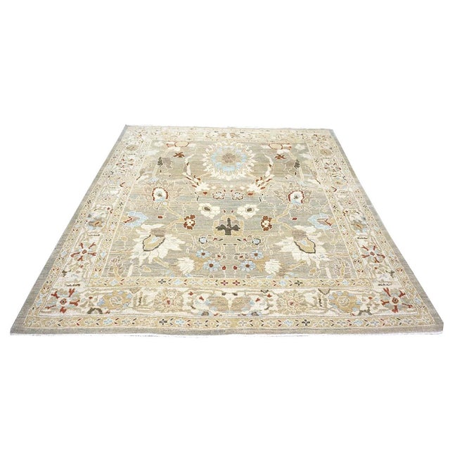 Persian Sultanabad Wool 8x8 Tan, Blue, & Ivory Handmade Square Area Rug #1143023 For Sale - Image 4 of 8