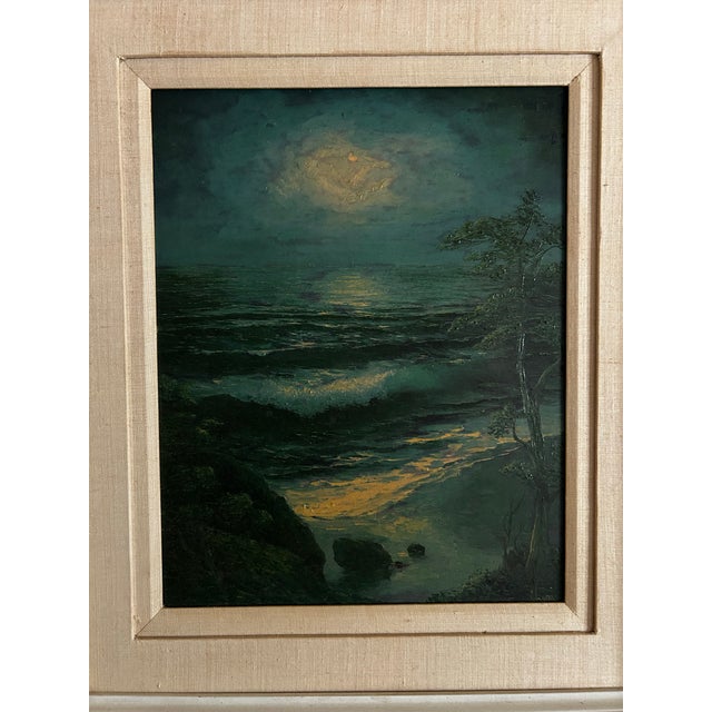 Vintage Mid Century Impressionist Nocturnal Moonlight Seascape Oil Painting in Linen & Wood Frame For Sale In Philadelphia - Image 6 of 8