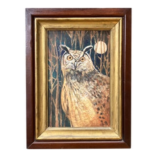Contemporary Original Stephen Heigh Owl Painting “Owl Moon” Vintage Frame For Sale