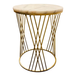 Modern Round White Marble and Geometric Brass Base Side Table For Sale