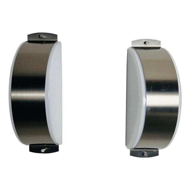 Pair of Chrome and Opaline Glass Wall Lamps by Glashütte Limburg, 1960s For Sale