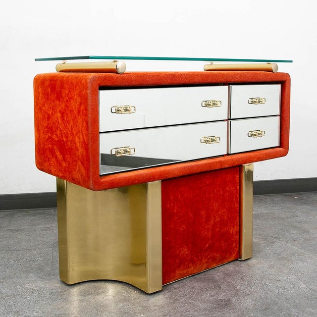 1970s 1970s Mid Century Modern Chest Entryway Cabinet Mirrored Glass Orange Velvet Italy For Sale - Image 5 of 11
