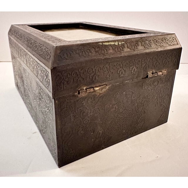 Metal Antique Bronze Asian Jewelry Box With Mirror and Drawer For Sale - Image 7 of 8