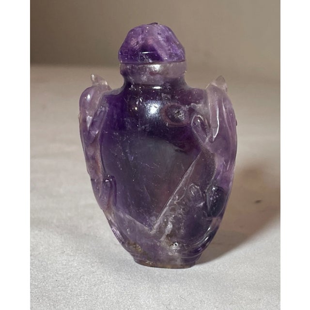 Share Antique Chinese Hand Carved Amethyst Stone Snuff Bottle Jar Sculpture Trinket For Sale - Image 4 of 12