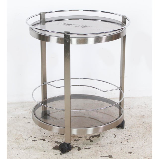 Mid 20th Century European Nickeled Steel Round Tinted Glass Bar Cart For Sale - Image 4 of 9