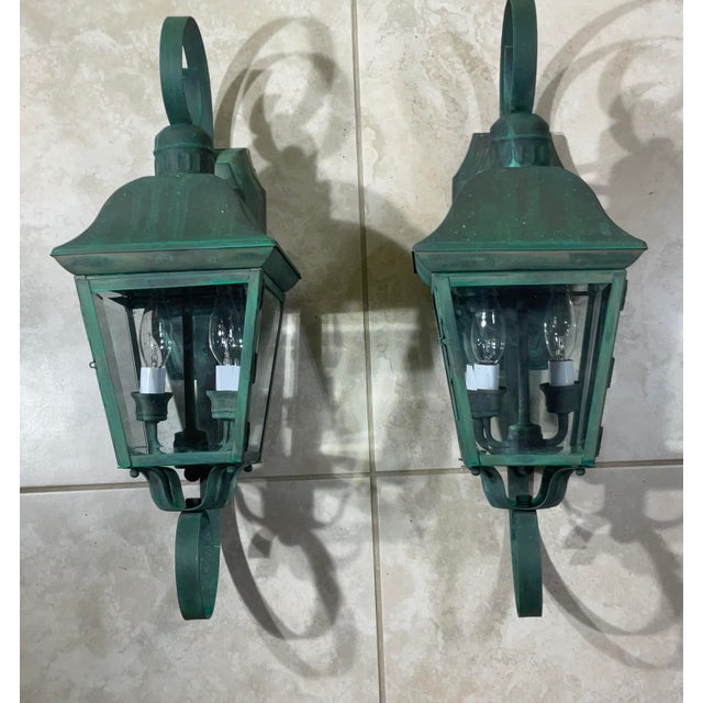 Pair of Vintage Solid Brass Outdoor Wall Lanterns - 22”h X 7”.5 W X 7”.5 D For Sale - Image 12 of 16