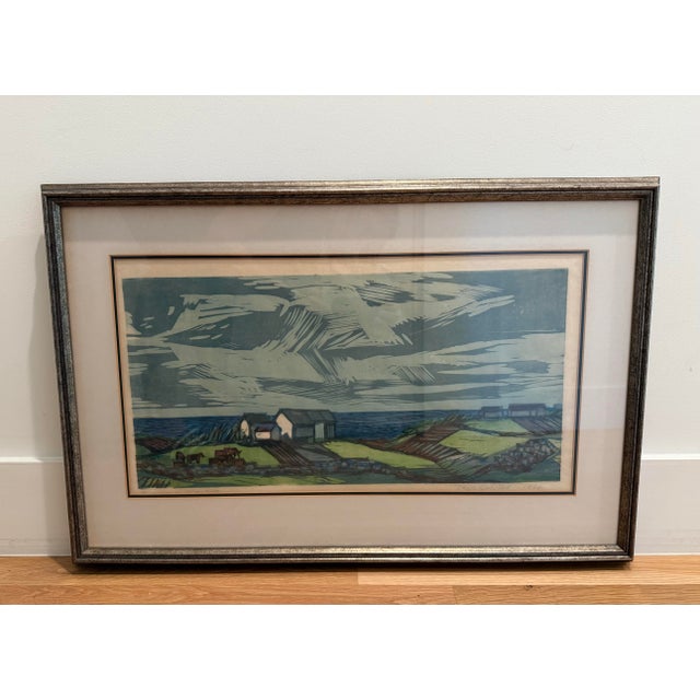Framed Mid Century Woodblock Print of Houses on the Coast For Sale - Image 4 of 12