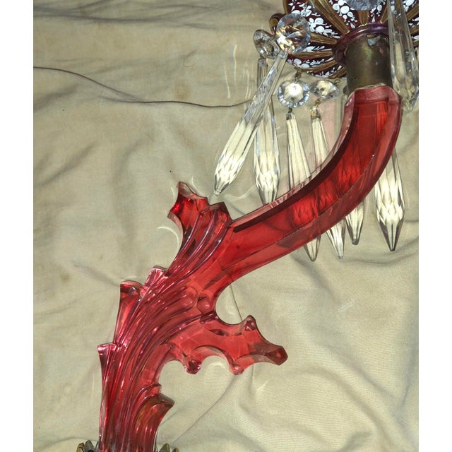French 19th Century French Art Nouveau Red Art Glass/ Crystal Gilt Bronze Candle Wall Sconces Attrib. Baccarat True Left and Right Form For Sale - Image 3 of 18