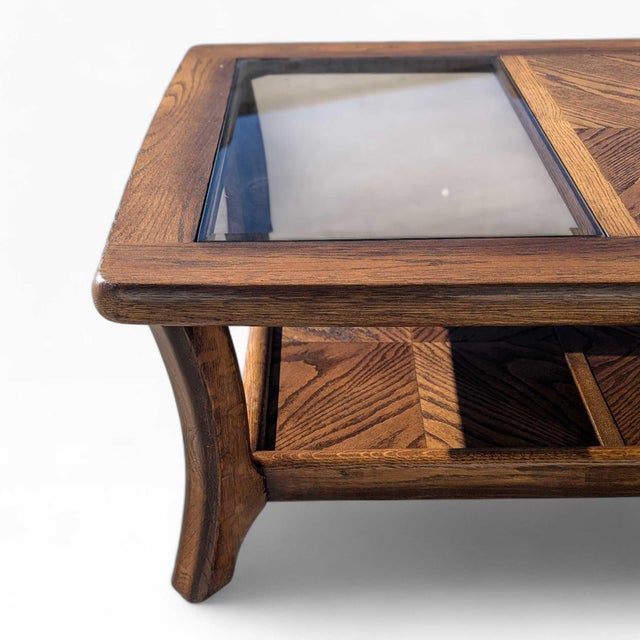 Mid 20th Century Smoked Glass and Oak Parquetry Coffee Table With Lower Shelf For Sale - Image 15 of 18