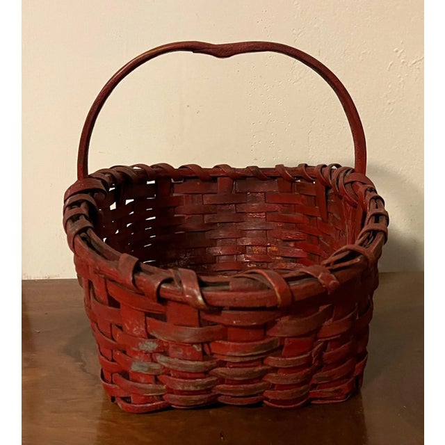 American Small Scale Antique 19th Century American Hand Woven Red Paint Decorated Splint Basket For Sale - Image 3 of 13