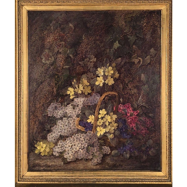 A large still life with flowers in a basket by Vincent Clare (1855–1930), England circa 1900 with 19th-century frame.