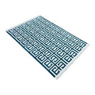 Not Yet Made - Made To Order Handmade Cotton Natural Vegetable Dyed Teal Blue and White Geometric Pattern Rug - 5'x7' For Sale