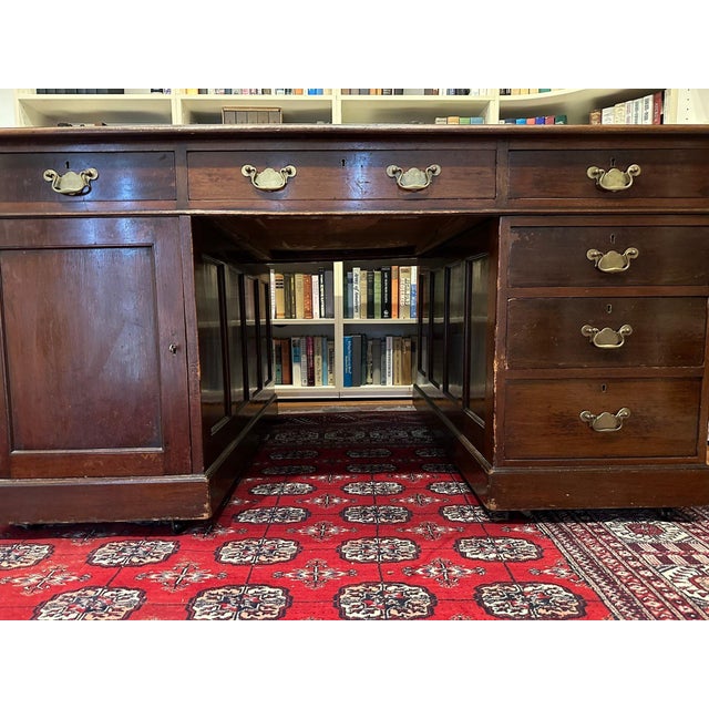 Antique Mahogany English Tooled Leather Top Partner Desk For Sale - Image 4 of 12