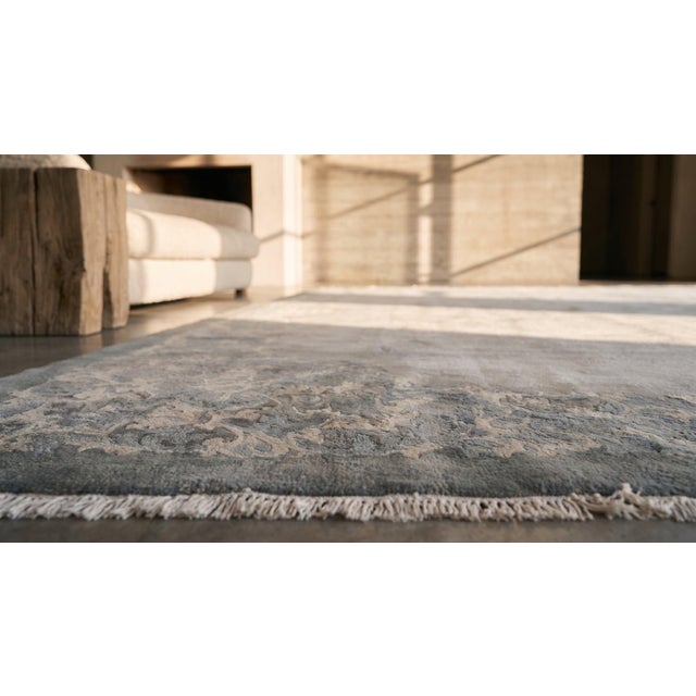 Textile 1930s Gray Green Open Field Foliate Antique Chinese Art Deco Knotted Wool Rug For Sale - Image 7 of 8