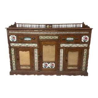 1950s Vintage Indian Buffet With Inlaid Tiles and Glass. For Sale