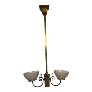 Vintage Two Arm Brass Fixture With Vintage Etched Glass Gas Shades For Sale