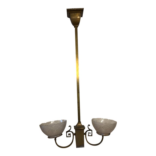 Vintage Two Arm Brass Fixture With Vintage Etched Glass Gas Shades For Sale