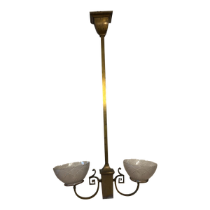 Vintage Two Arm Brass Fixture With Vintage Etched Glass Gas Shades