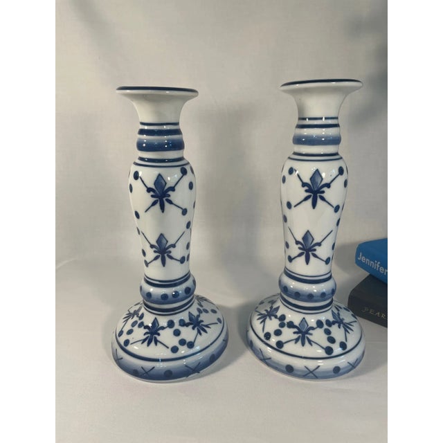 1990s French Style Blue and White Ceramic Candlestick Holders - a Pair For Sale - Image 12 of 12