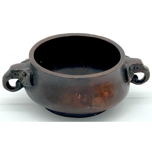 Chinese Bronze Diminutive Elephant Handled Bronze Censor, Signed - Set of 2 For Sale - Image 9 of 12