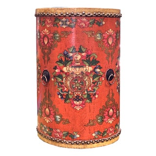 Distressed Orange Tibetan Style Jewel Tower Graphic Round Drum Table For Sale