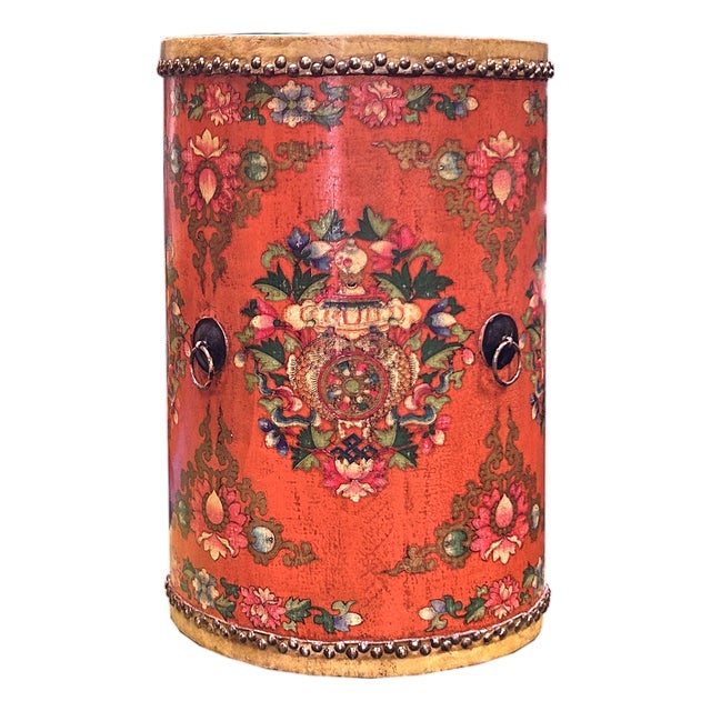 Distressed Orange Tibetan Style Jewel Tower Graphic Round Drum Table For Sale