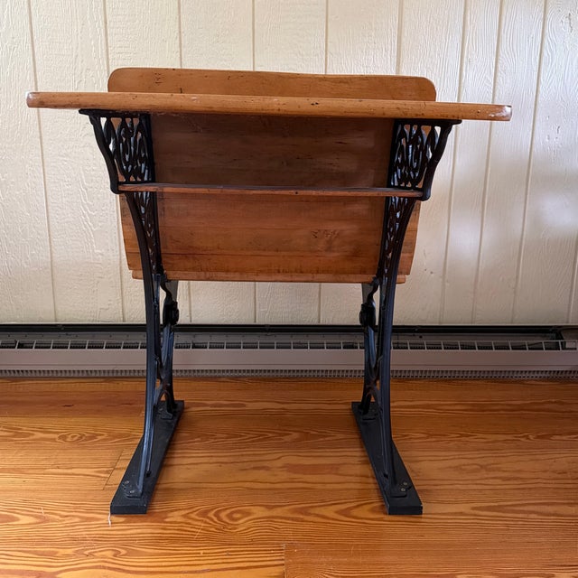 Antique Cast Iron & Hardwood School Desk With Folding Seat For Sale - Image 4 of 9