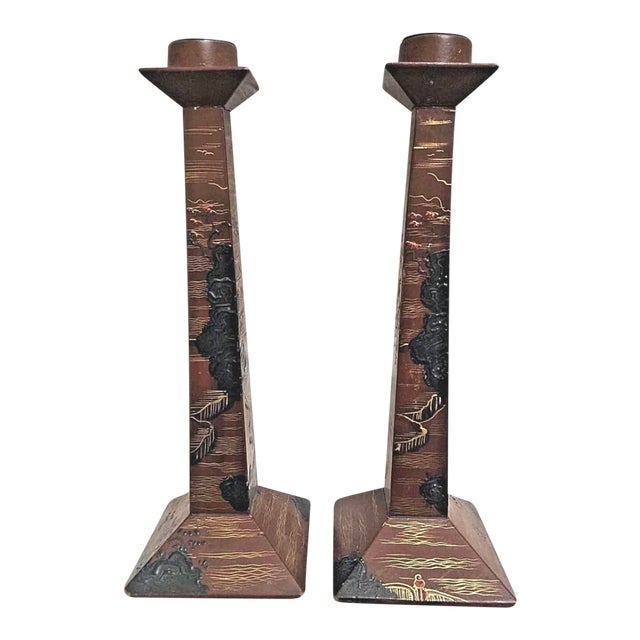 Pair of Antique 1890s Japanese Lacquer Candlesticks For Sale